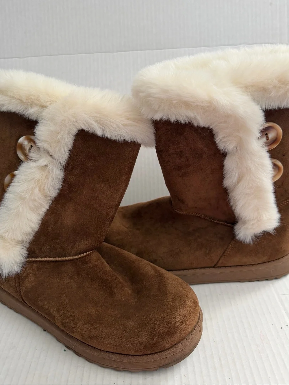 Women's Brown Suede Winter Boots with Cream Fur Trim